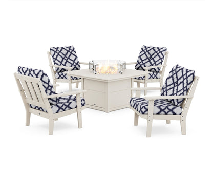 POLYWOOD® Oxford 5-Piece Deep Seating Set with Fire Pit Table in Sand / Trellis Navy