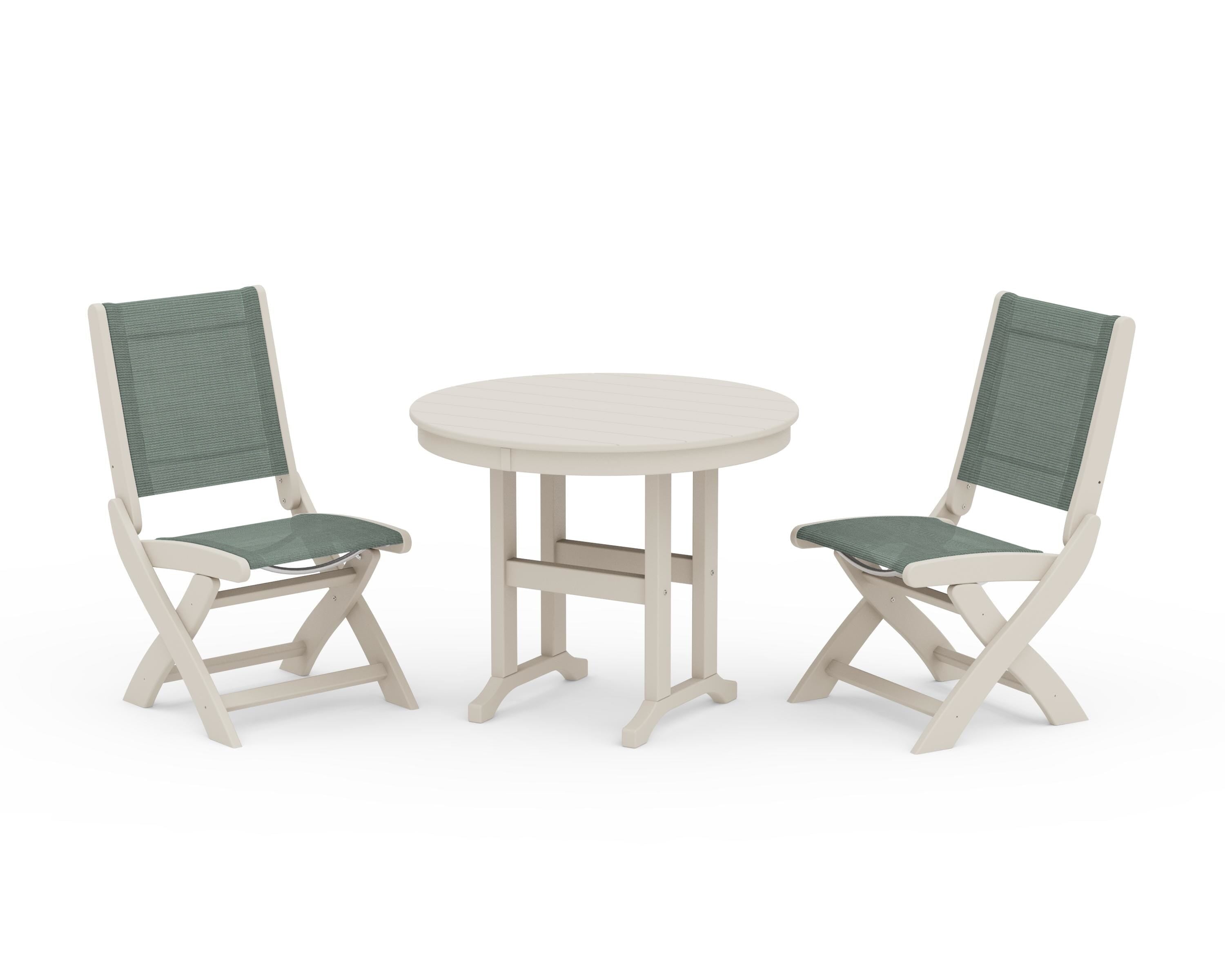 POLYWOOD® Coastal Folding Side Chair 3-Piece Round Dining Set in Sand / Dupioni Sea Mist Sling