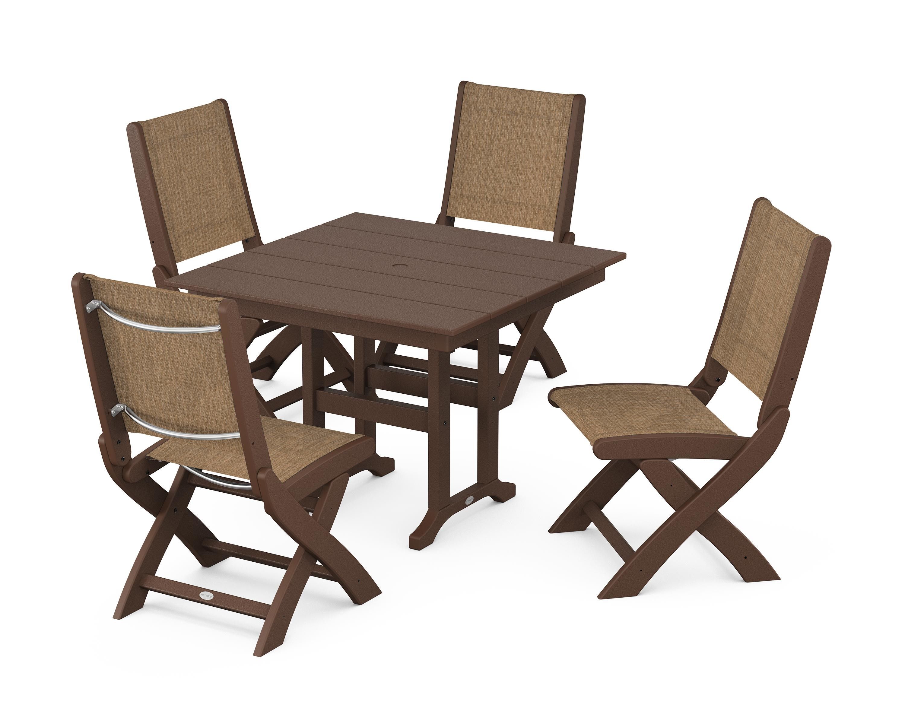 POLYWOOD® Coastal Folding Side Chair 5-Piece Farmhouse Dining Set in Mahogany / Burlap Sling