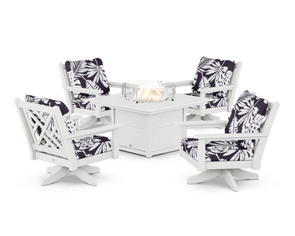 POLYWOOD® Chippendale 5-Piece Deep Seating Swivel Conversation Set with Fire Pit Table in White / Leaf Navy