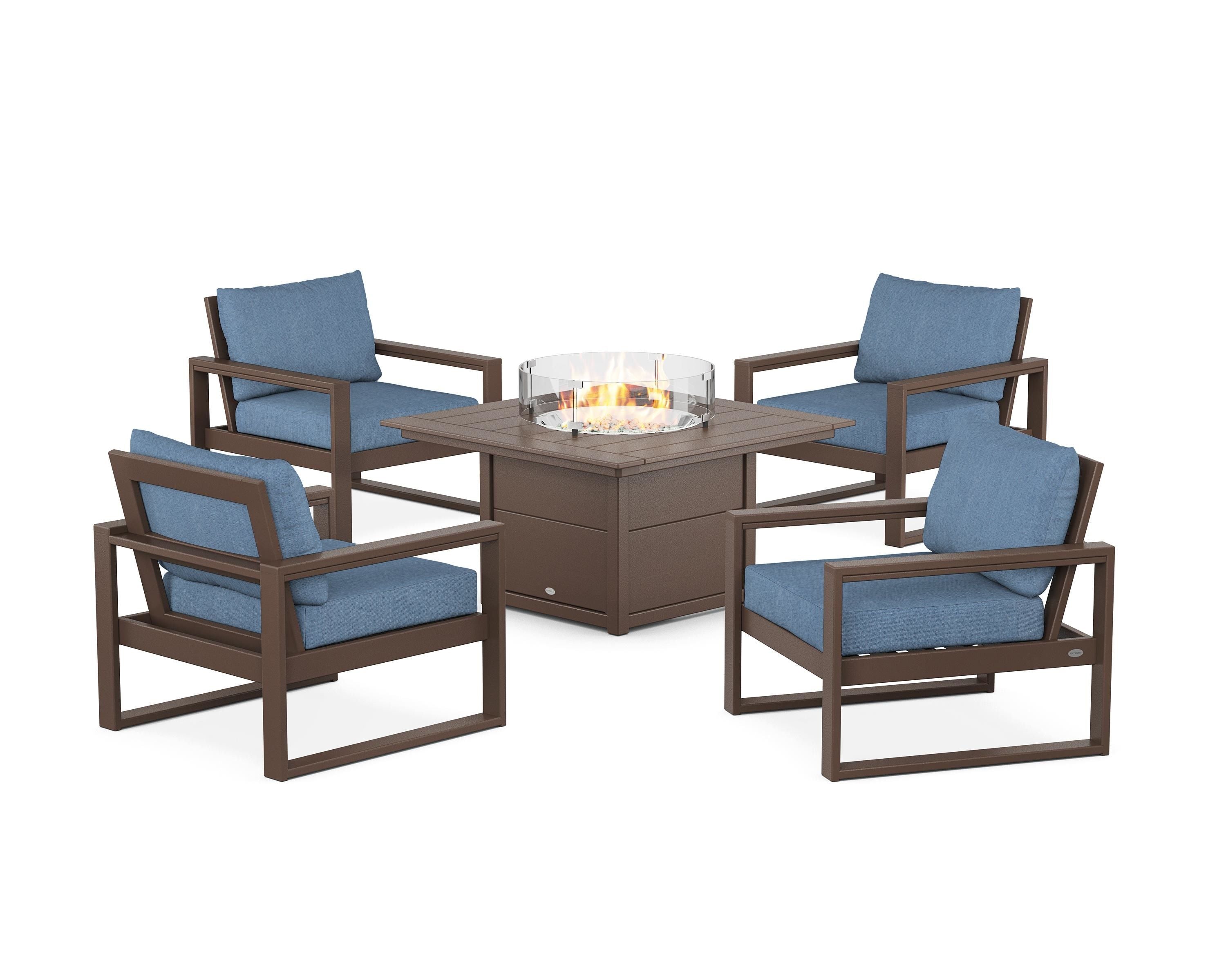 POLYWOOD® EDGE Sectional 5-Piece Deep Seating Set with Fire Pit Table in Mahogany / Sky Blue