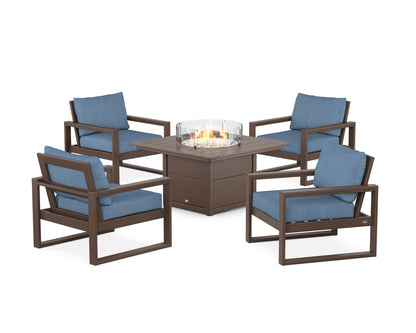 POLYWOOD® EDGE Sectional 5-Piece Deep Seating Set with Fire Pit Table in Mahogany / Sky Blue