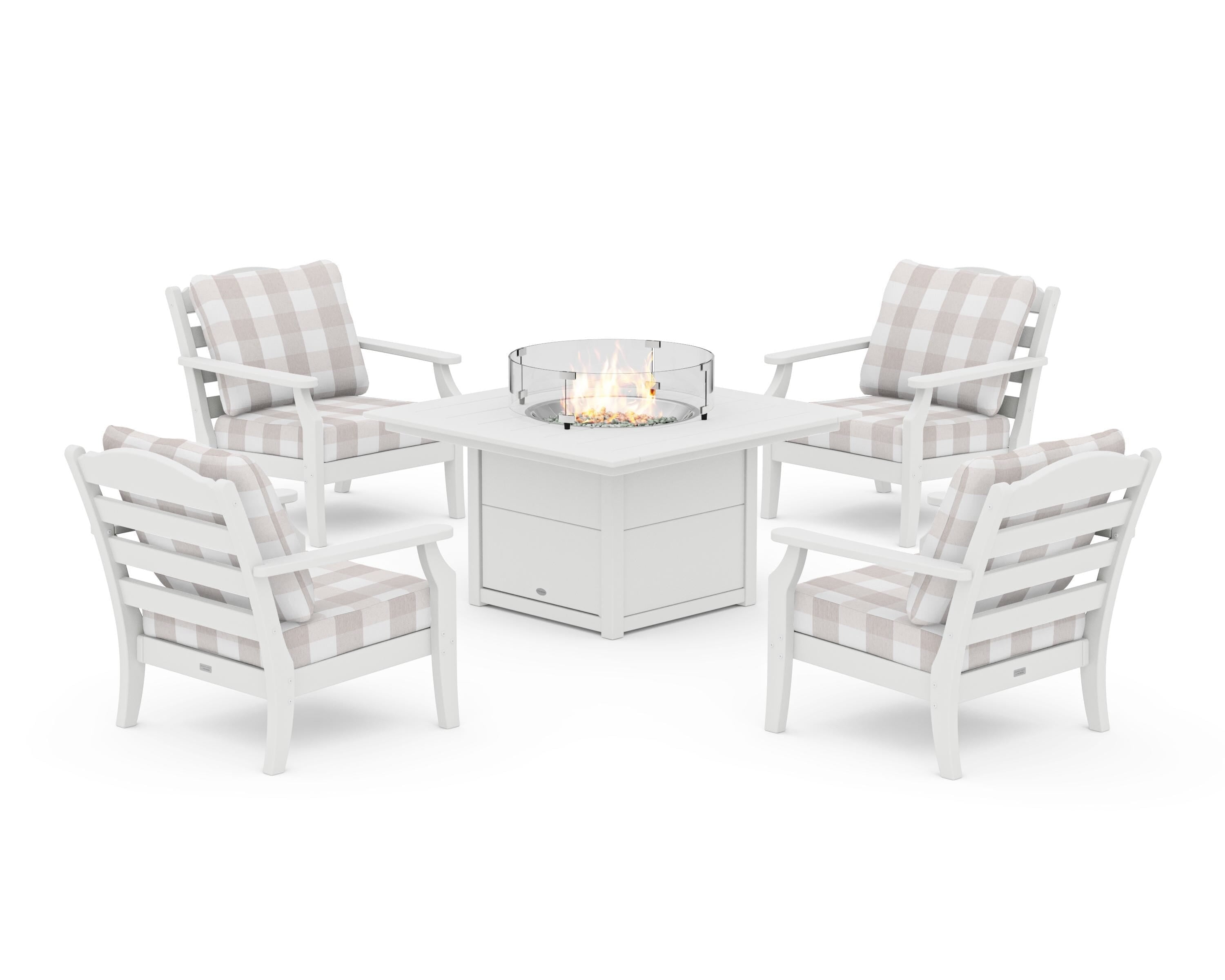Draper James™ by  POLYWOOD® Savannah 5-Piece Deep Seating Set with Fire Pit Table in White / Buffalo Plaid Dune Burlap