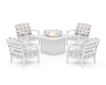 Draper James™ by  POLYWOOD® Savannah 5-Piece Deep Seating Set with Fire Pit Table in White / Buffalo Plaid Dune Burlap