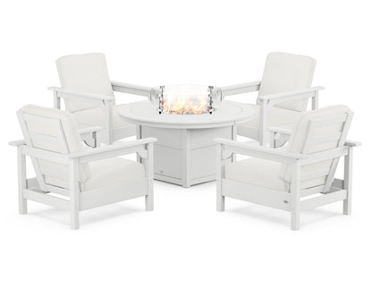 POLYWOOD® Club 5-Piece Conversation Set with Fire Pit Table in White / Natural Linen