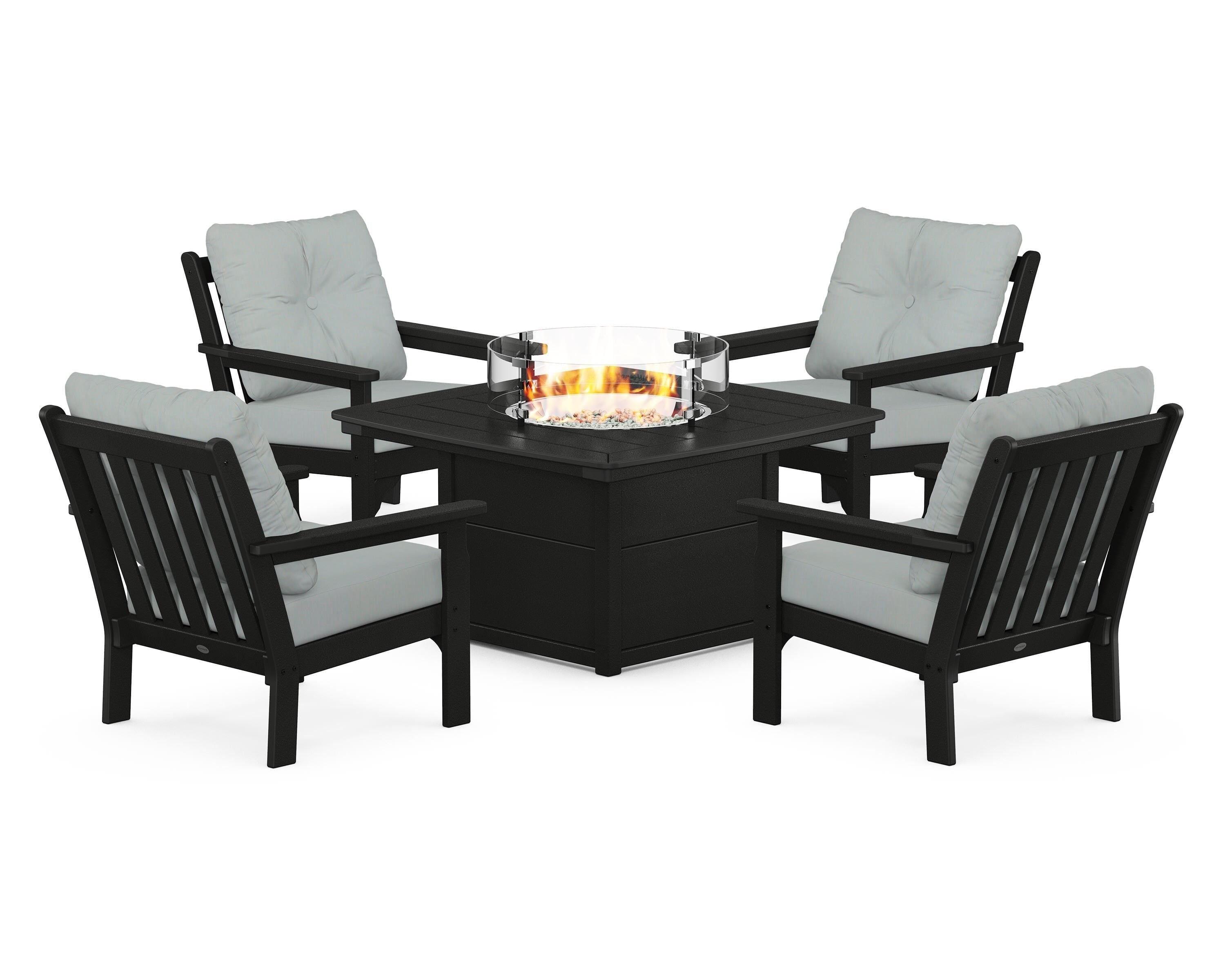 POLYWOOD® Vineyard 5-Piece Conversation Set with Fire Pit Table in Black / Spa