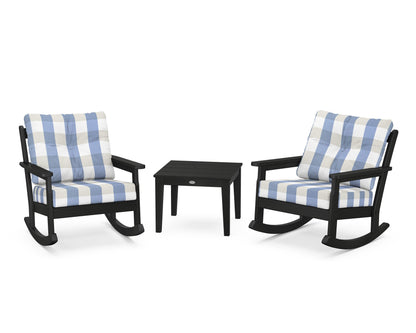 POLYWOOD® Vineyard 3-Piece Deep Seating Rocker Set in Black / Buffalo Plaid Sky Blue