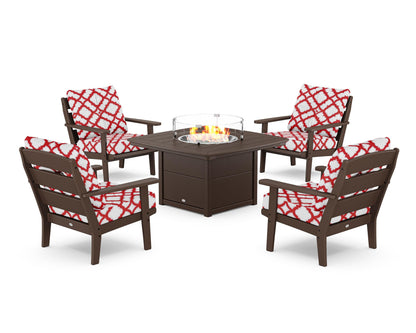 POLYWOOD® Lakeside 5-Piece Deep Seating Set with Nautical Fire Pit Table in Mahogany / Trellis Crimson