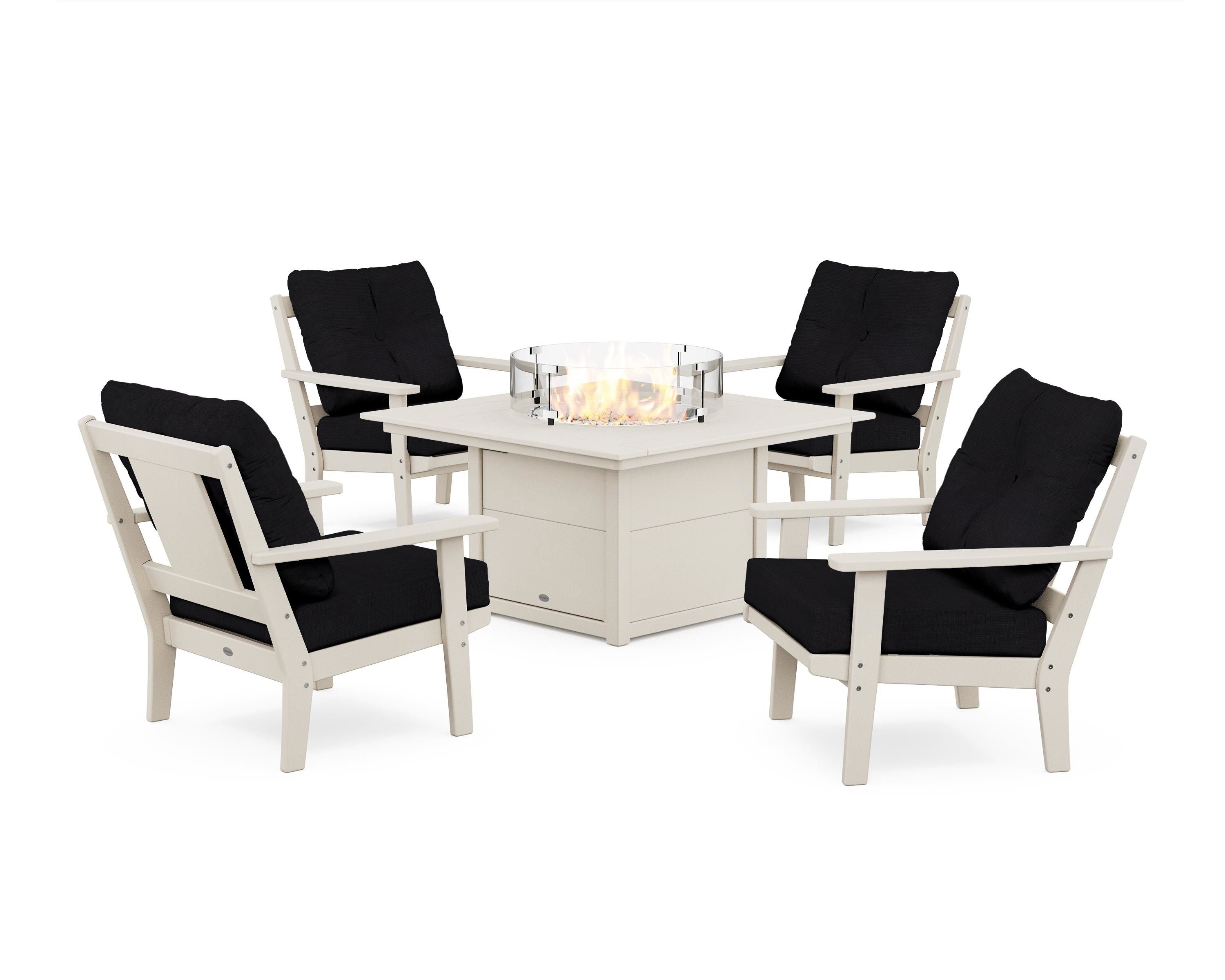 POLYWOOD® Prairie 5-Piece Deep Seating Set with Fire Pit Table in Sand / Midnight Linen