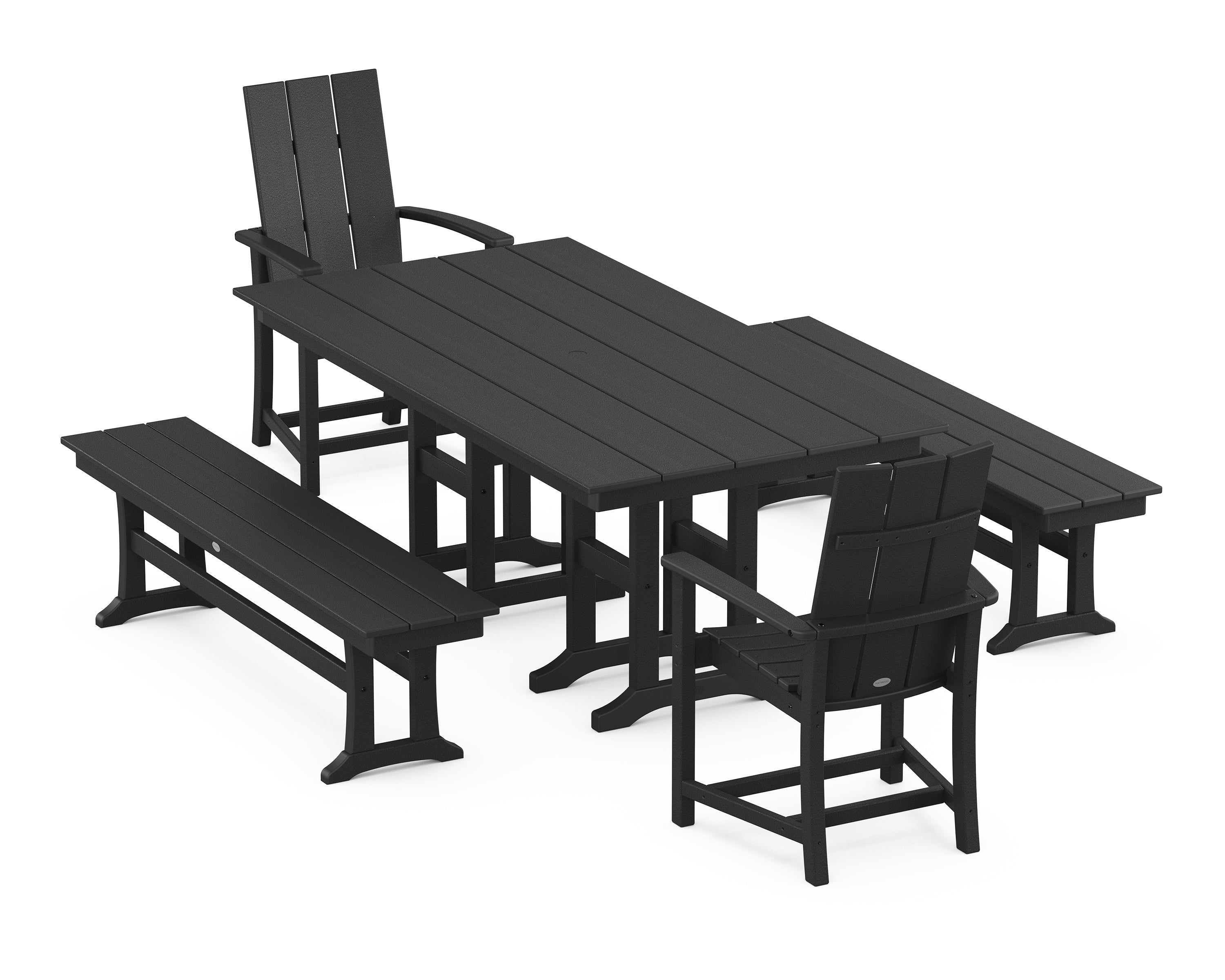 POLYWOOD® Modern Adirondack 5-Piece Farmhouse Dining Set with Benches in Black