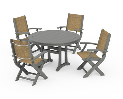 POLYWOOD® Coastal Folding Chair 5-Piece Round Dining Set with Trestle Legs in Slate Grey / Burlap Sling