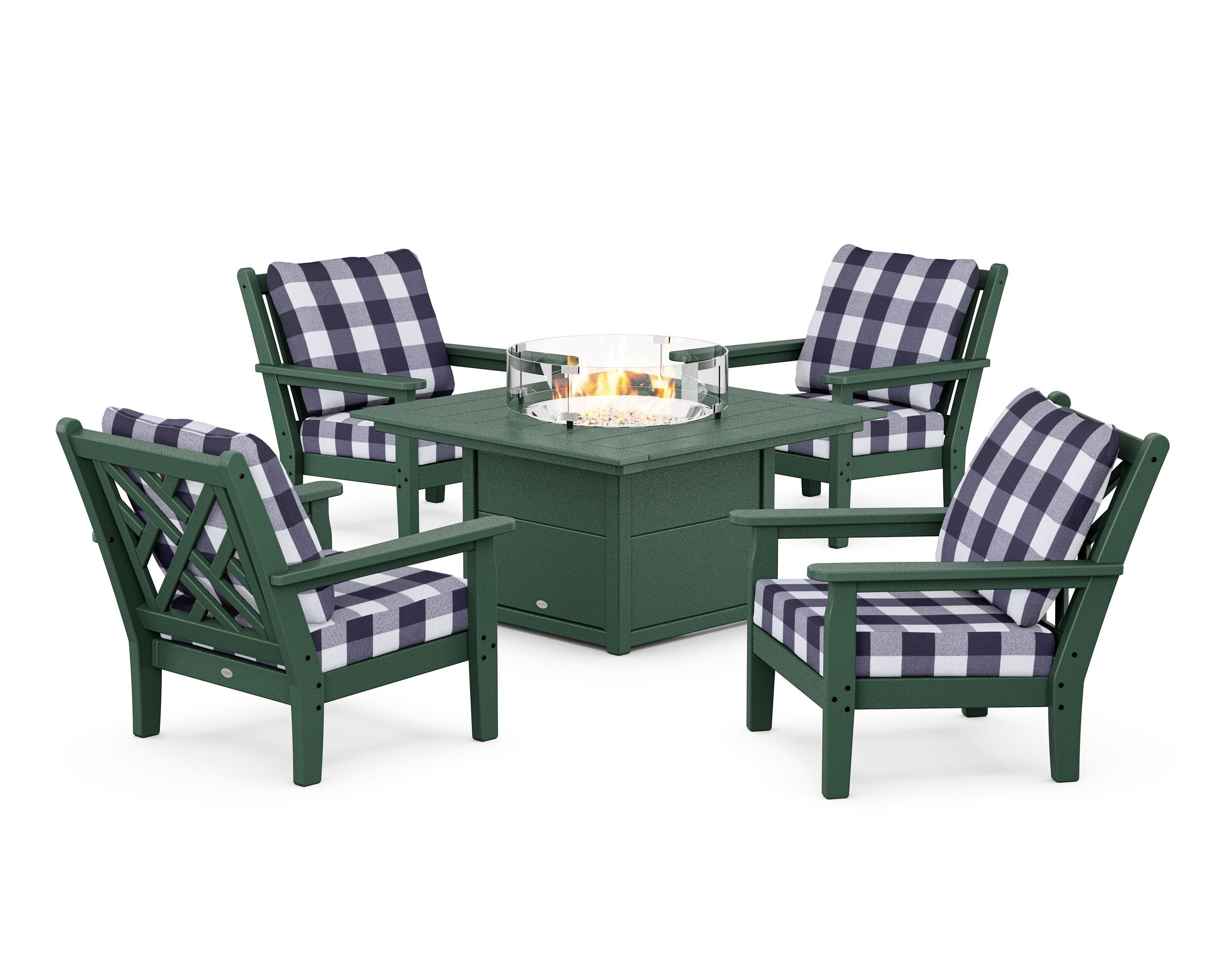 POLYWOOD® Chippendale 5-Piece Deep Seating Set with Fire Pit Table in Green / Buffalo Plaid Navy