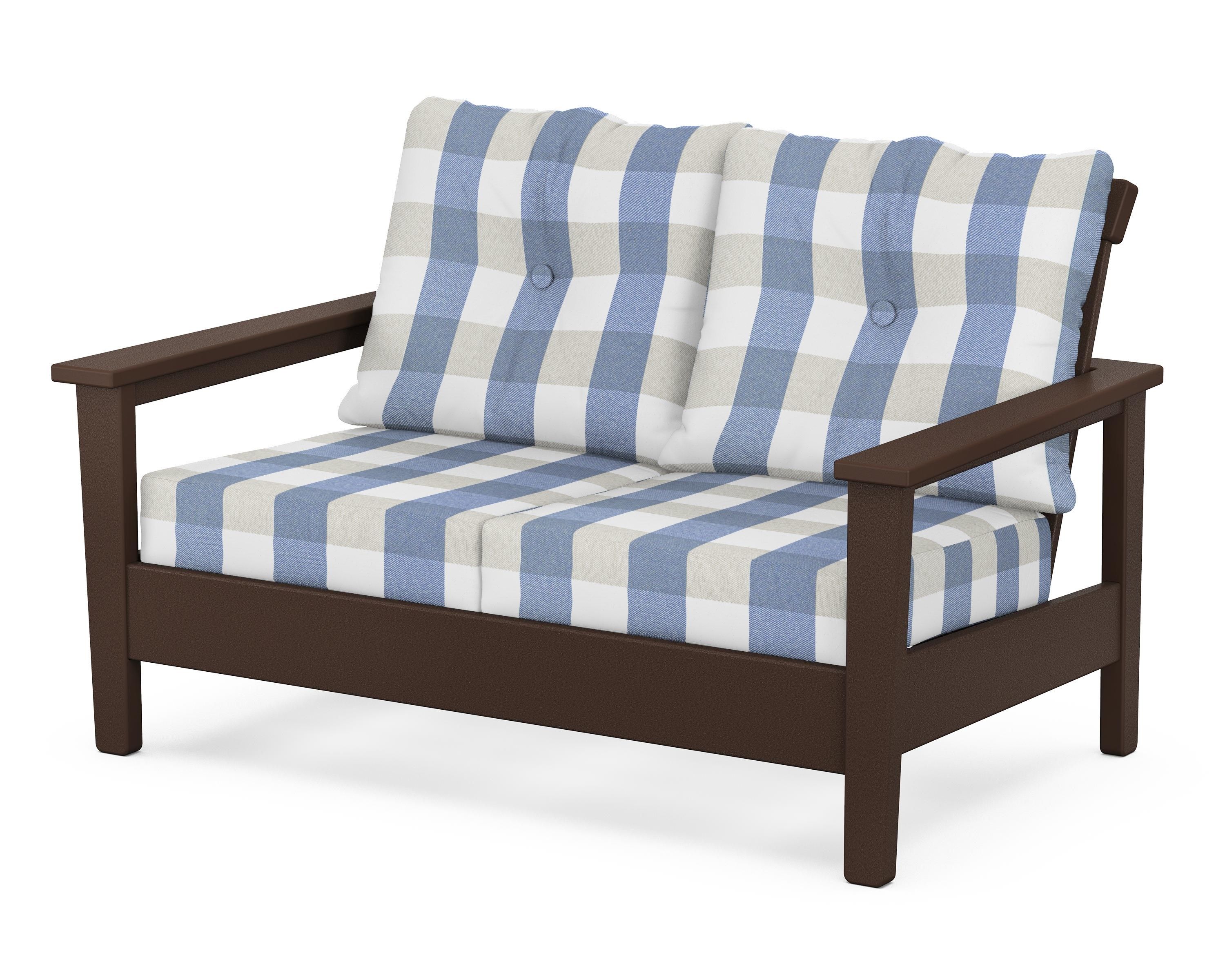 POLYWOOD® Prescott Deep Seating Loveseat in Mahogany / Buffalo Plaid Sky Blue