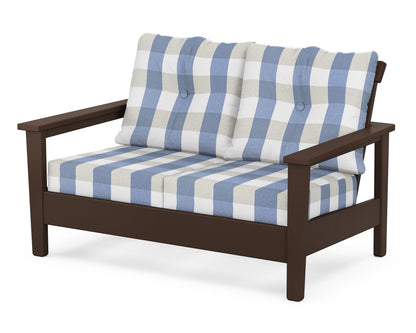 POLYWOOD® Prescott Deep Seating Loveseat in Mahogany / Buffalo Plaid Sky Blue