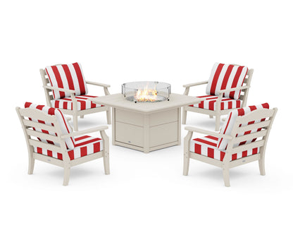 Draper James™ by  POLYWOOD® Savannah 5-Piece Deep Seating Set with Fire Pit Table in Sand / Cabana Stripe Crimson