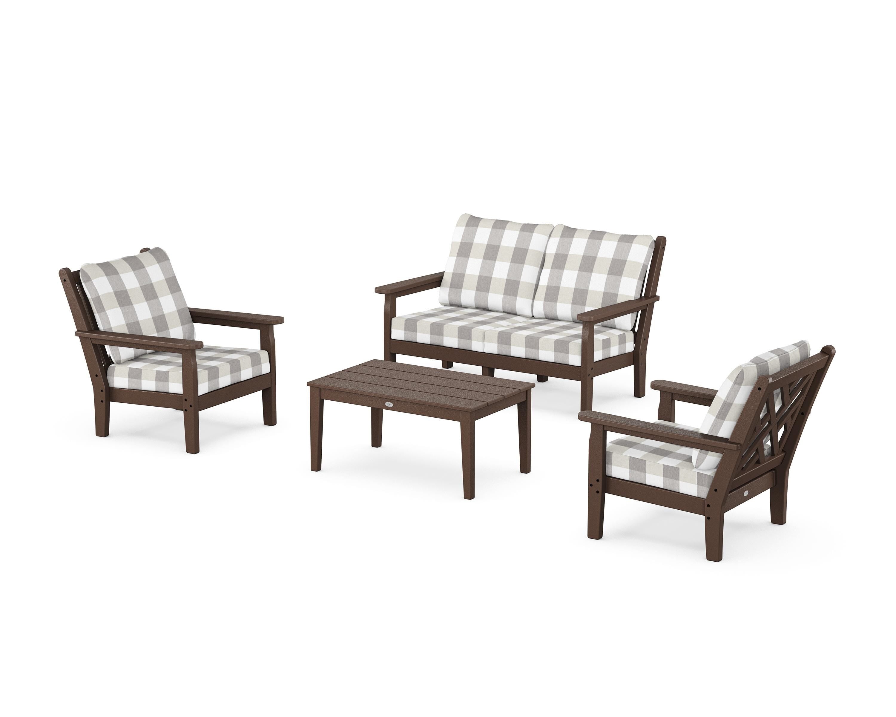 POLYWOOD® Chippendale 4-Piece Deep Seating Set with Loveseat in Mahogany / Buffalo Plaid Grey Mist