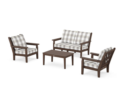 POLYWOOD® Chippendale 4-Piece Deep Seating Set with Loveseat in Mahogany / Buffalo Plaid Grey Mist