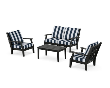 Country Living Wovendale 4-Piece Deep Seating Set with Loveseat in Black / Cabana Stripe Marine Indigo