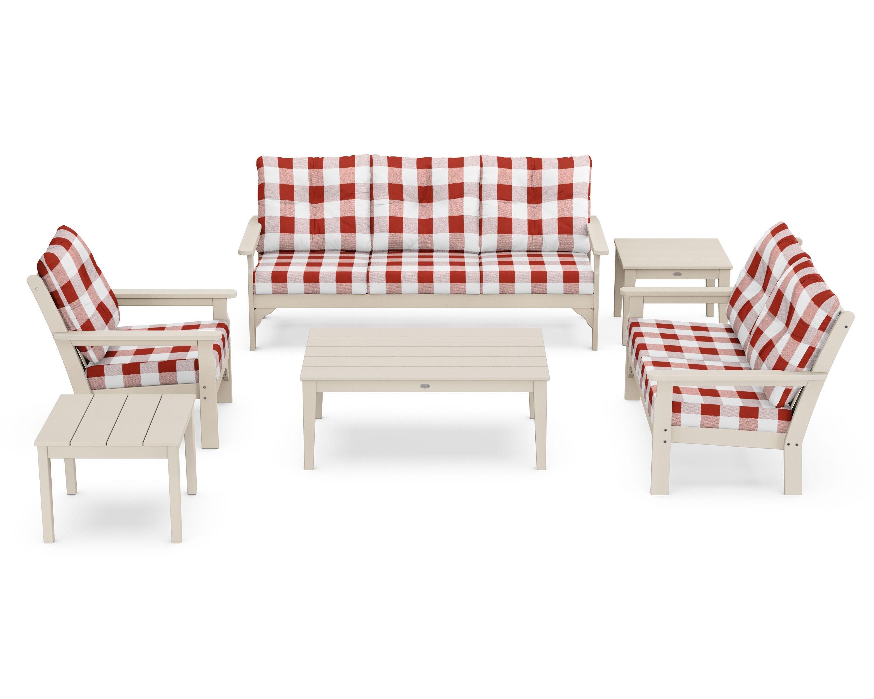 POLYWOOD® Vineyard 6-Piece Deep Seating Set in Sand / Buffalo Plaid Crimson