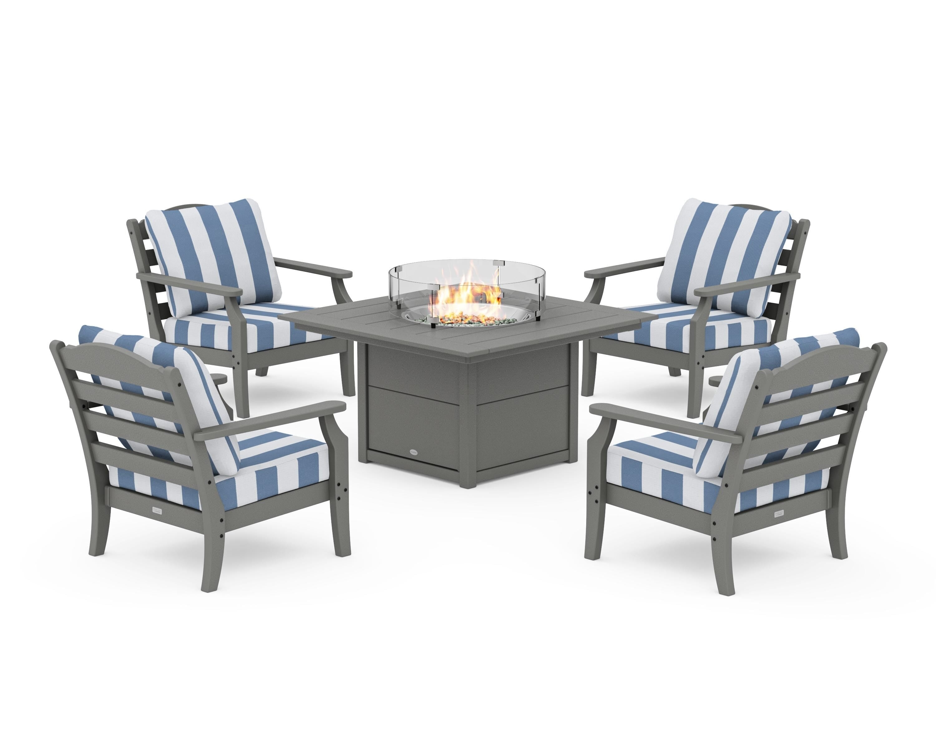 Draper James™ by  POLYWOOD® Savannah 5-Piece Deep Seating Set with Fire Pit Table in Slate Grey / Cabana Stripe Sky Blue