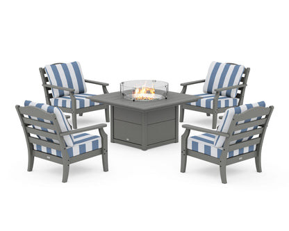 Draper James™ by  POLYWOOD® Savannah 5-Piece Deep Seating Set with Fire Pit Table in Slate Grey / Cabana Stripe Sky Blue