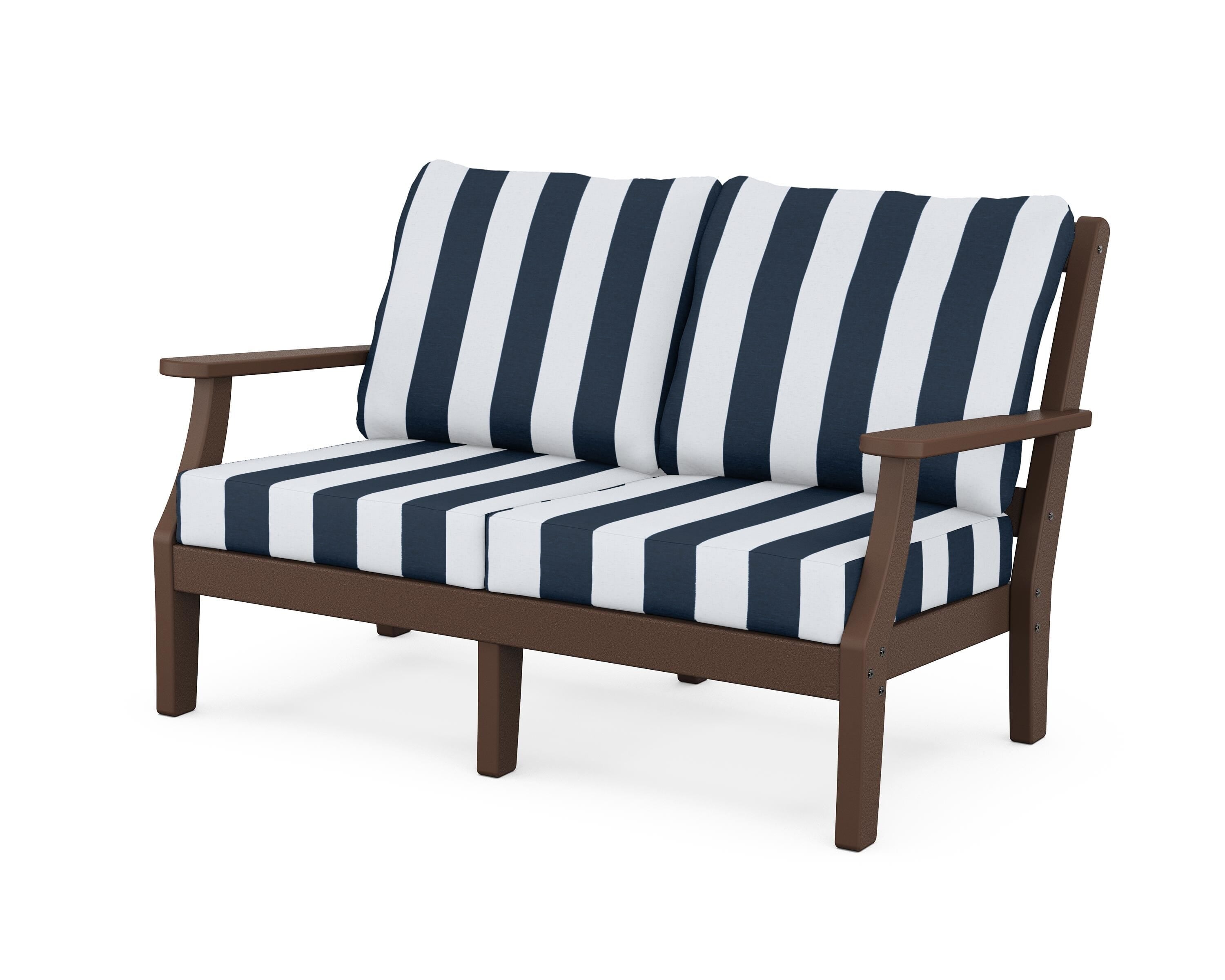 Martha Stewart by POLYWOOD® Chinoiserie Deep Seating Loveseat in Mahogany / Cabana Stripe Marine Indigo