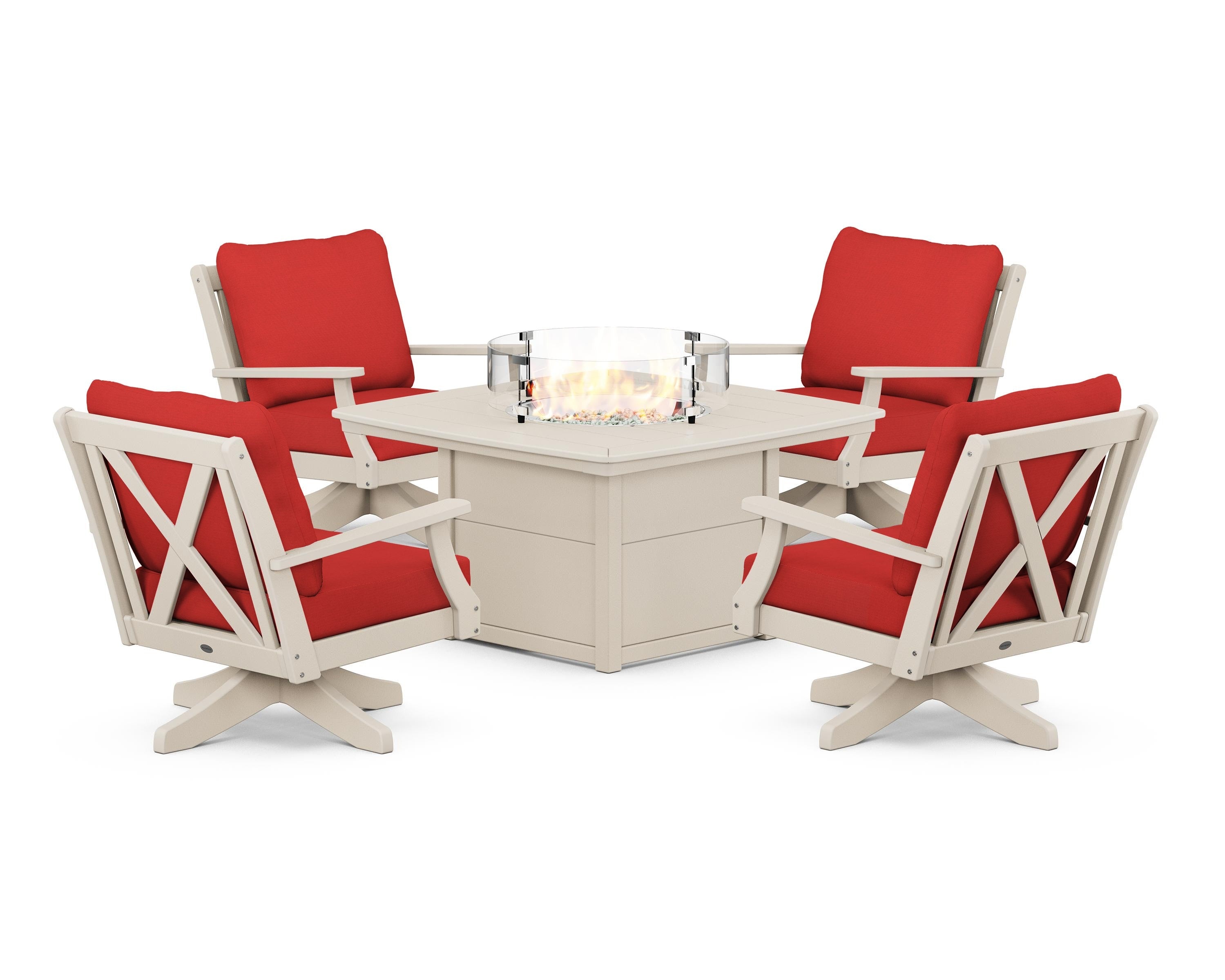 POLYWOOD® Braxton 5-Piece Deep Seating Swivel Conversation Set with Fire Pit Table in Sand / Crimson Linen