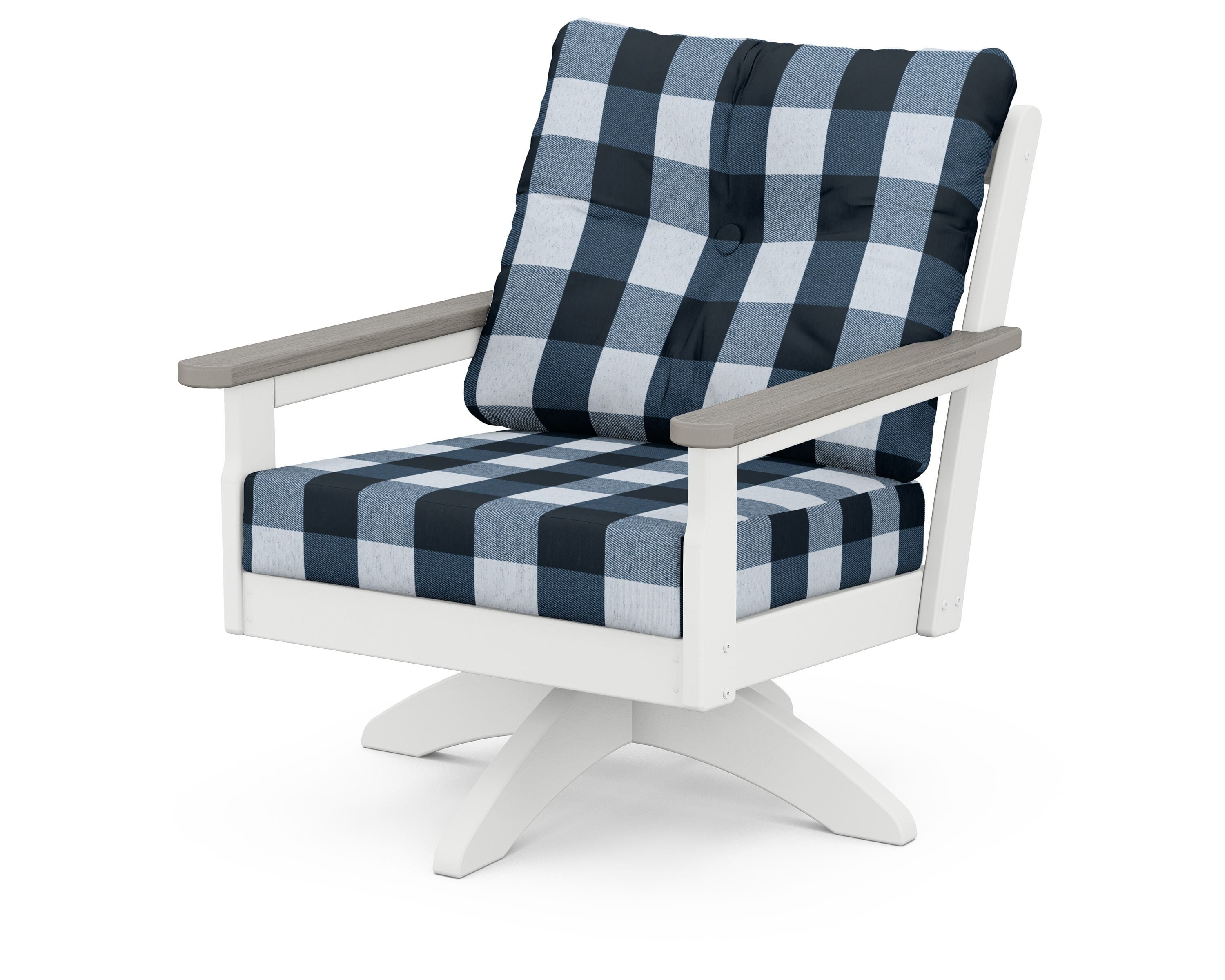 POLYWOOD® Vineyard Deep Seating Swivel Chair in White / Driftwood / Buffalo Plaid Marine Indigo