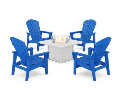 POLYWOOD® 5-Piece Nautical Grand Upright Adirondack Conversation Set with Fire Pit Table in Pacific Blue / White