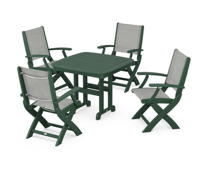POLYWOOD® Coastal Folding Chair 5-Piece Dining Set in Green / Metallic Sling