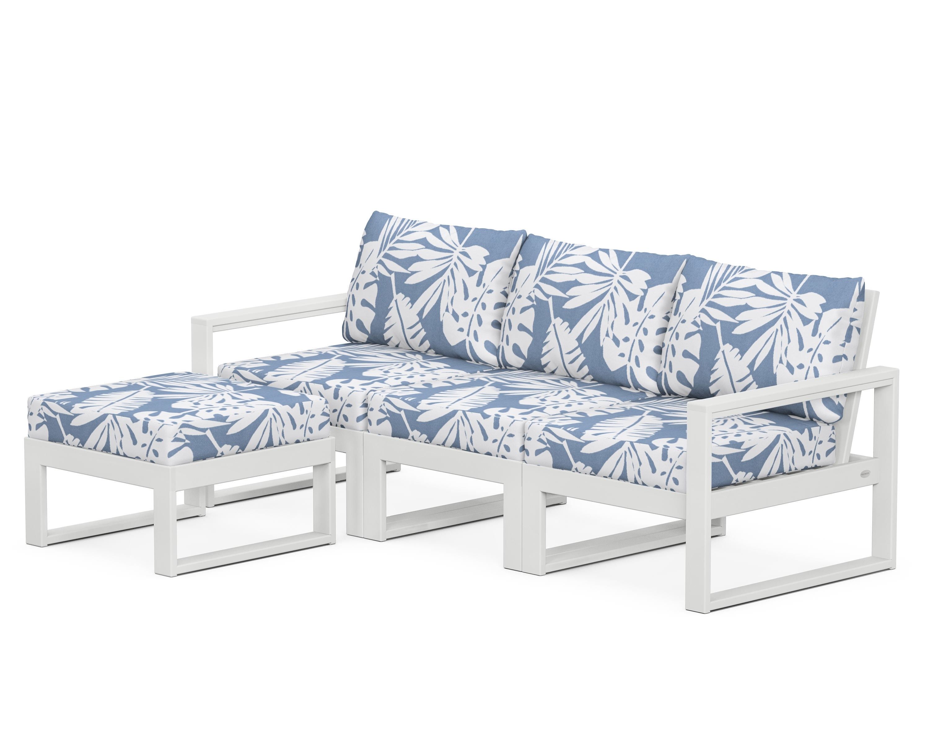 POLYWOOD® EDGE 4-Piece Modular Deep Seating Set with Ottoman in White / Leaf Sky Blue