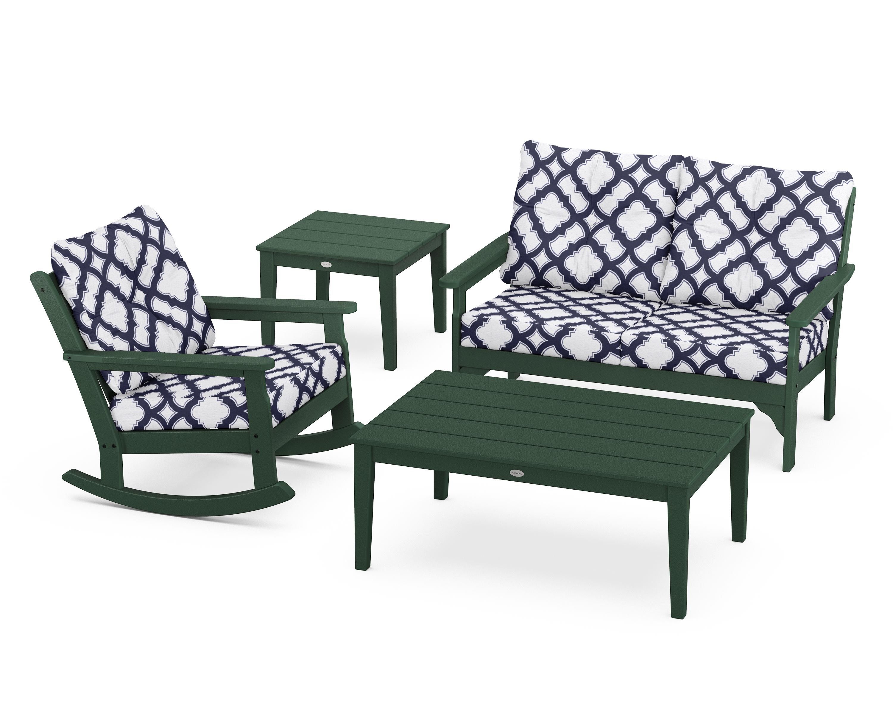 POLYWOOD® Vineyard 4-Piece Deep Seating Rocker Set in Green / Trellis Navy