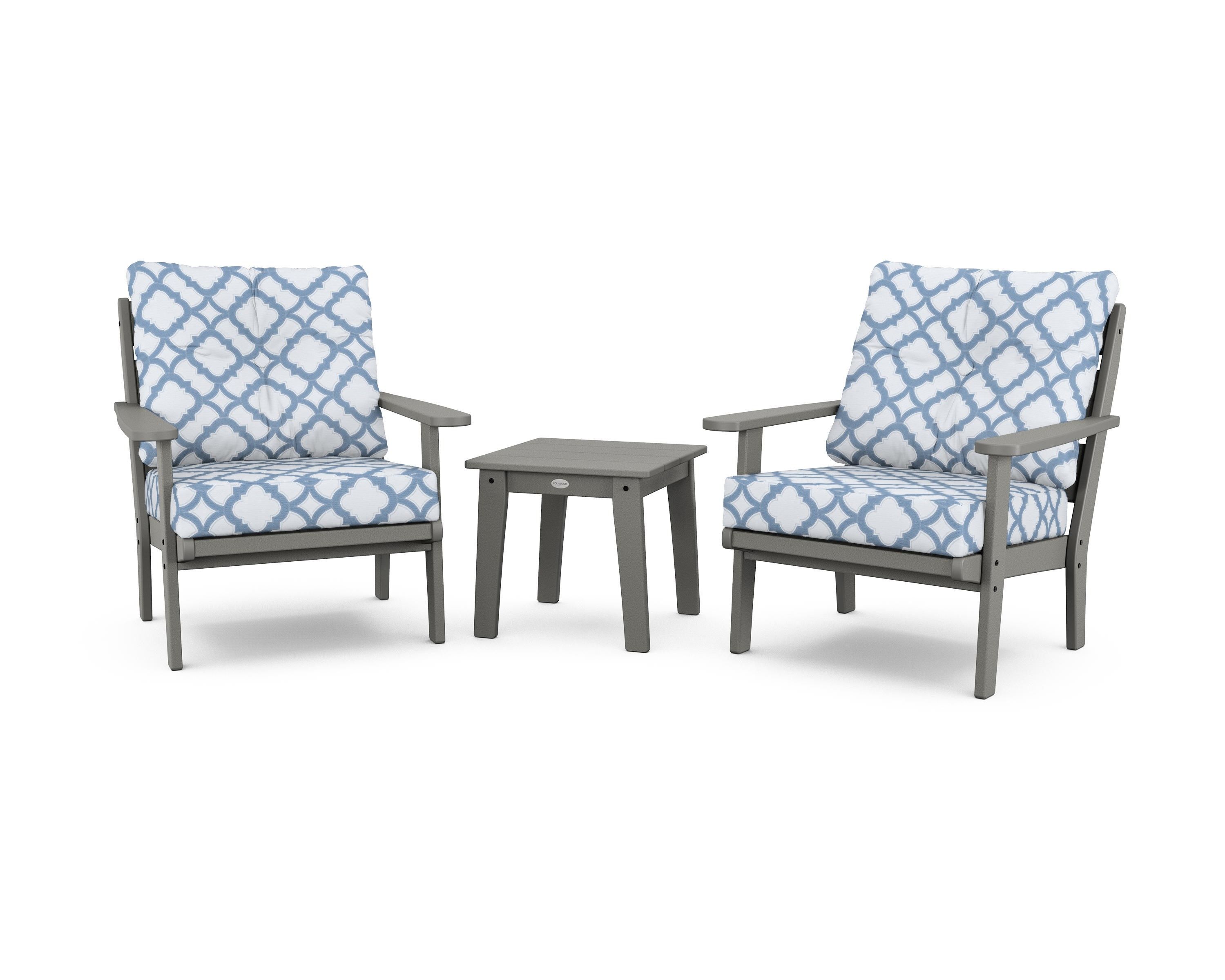 POLYWOOD® Lakeside 3-Piece Deep Seating Chair Set in Slate Grey / Trellis Sky Blue