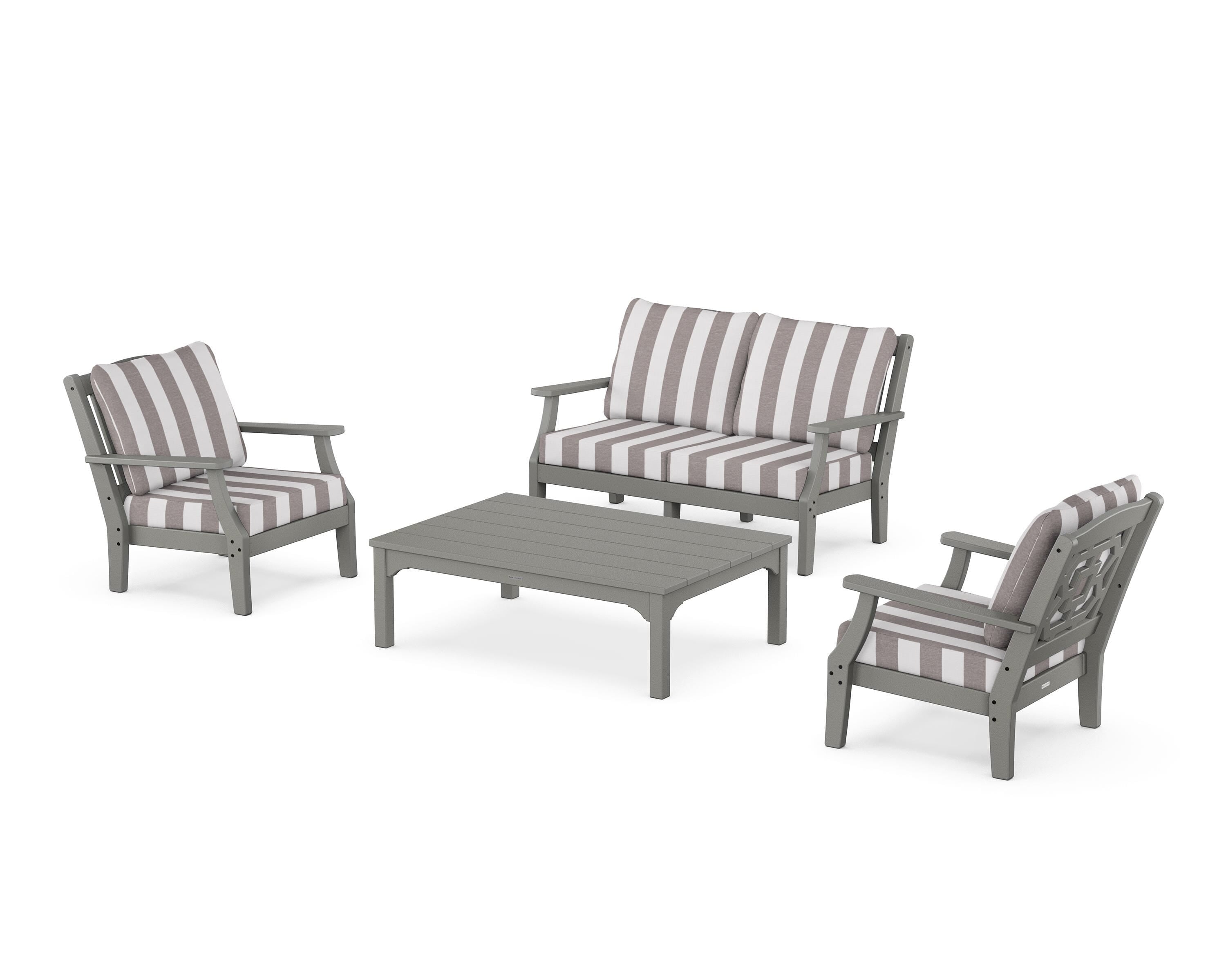 Martha Stewart by POLYWOOD® Chinoiserie 4-Piece Deep Seating Set with Loveseat in Slate Grey / Cabana Stripe Grey Mist