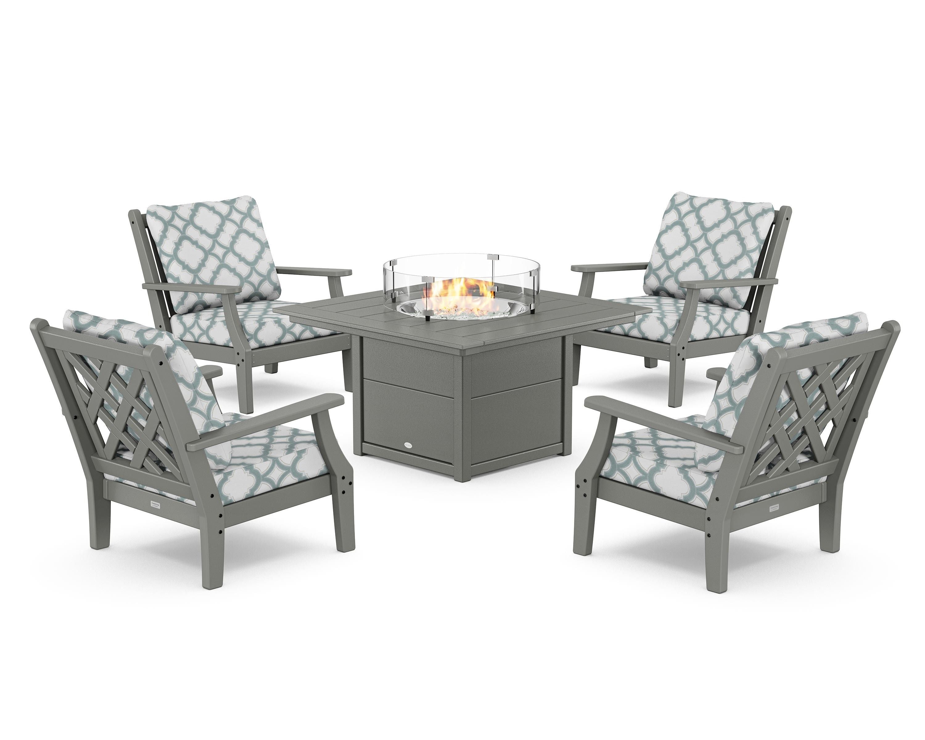 Country Living Wovendale 5-Piece Deep Seating Set with Fire Pit Table in Slate Grey / Trellis Glacier Spa