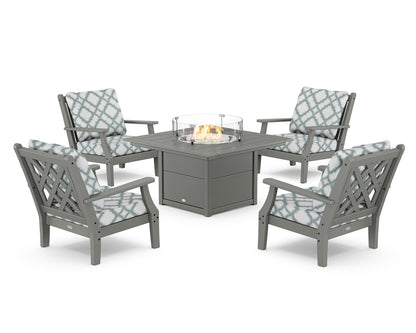 Country Living Wovendale 5-Piece Deep Seating Set with Fire Pit Table in Slate Grey / Trellis Glacier Spa