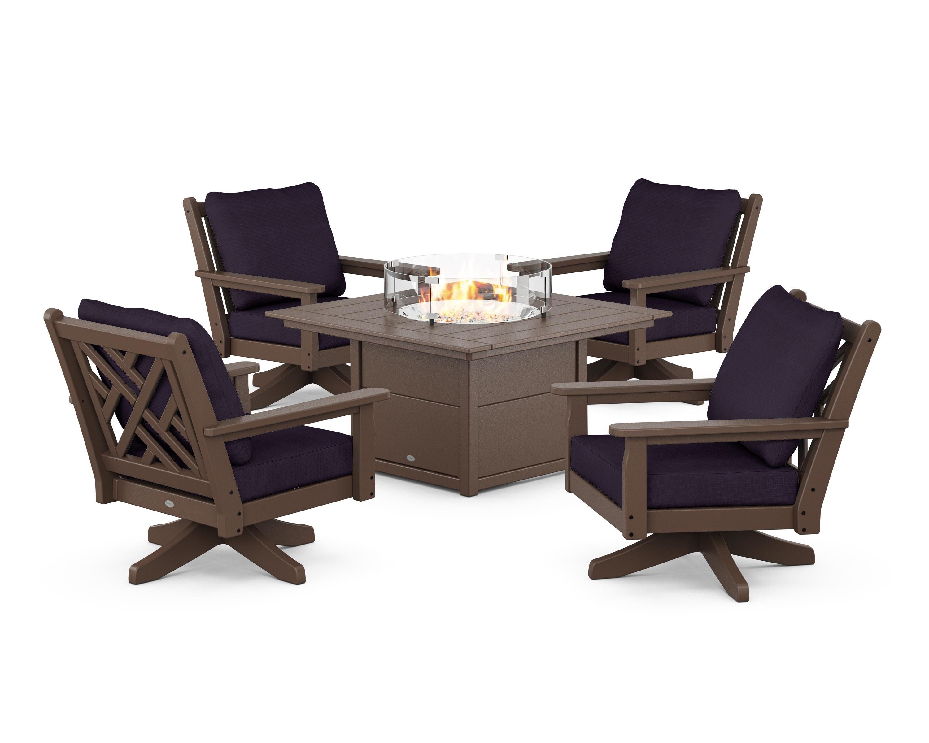 POLYWOOD® Chippendale 5-Piece Deep Seating Swivel Conversation Set with Fire Pit Table in Mahogany / Navy Linen