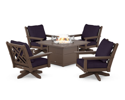 POLYWOOD® Chippendale 5-Piece Deep Seating Swivel Conversation Set with Fire Pit Table in Mahogany / Navy Linen