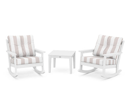 POLYWOOD® Vineyard 3-Piece Deep Seating Rocker Set in White / Cabana Stripe Dune Burlap