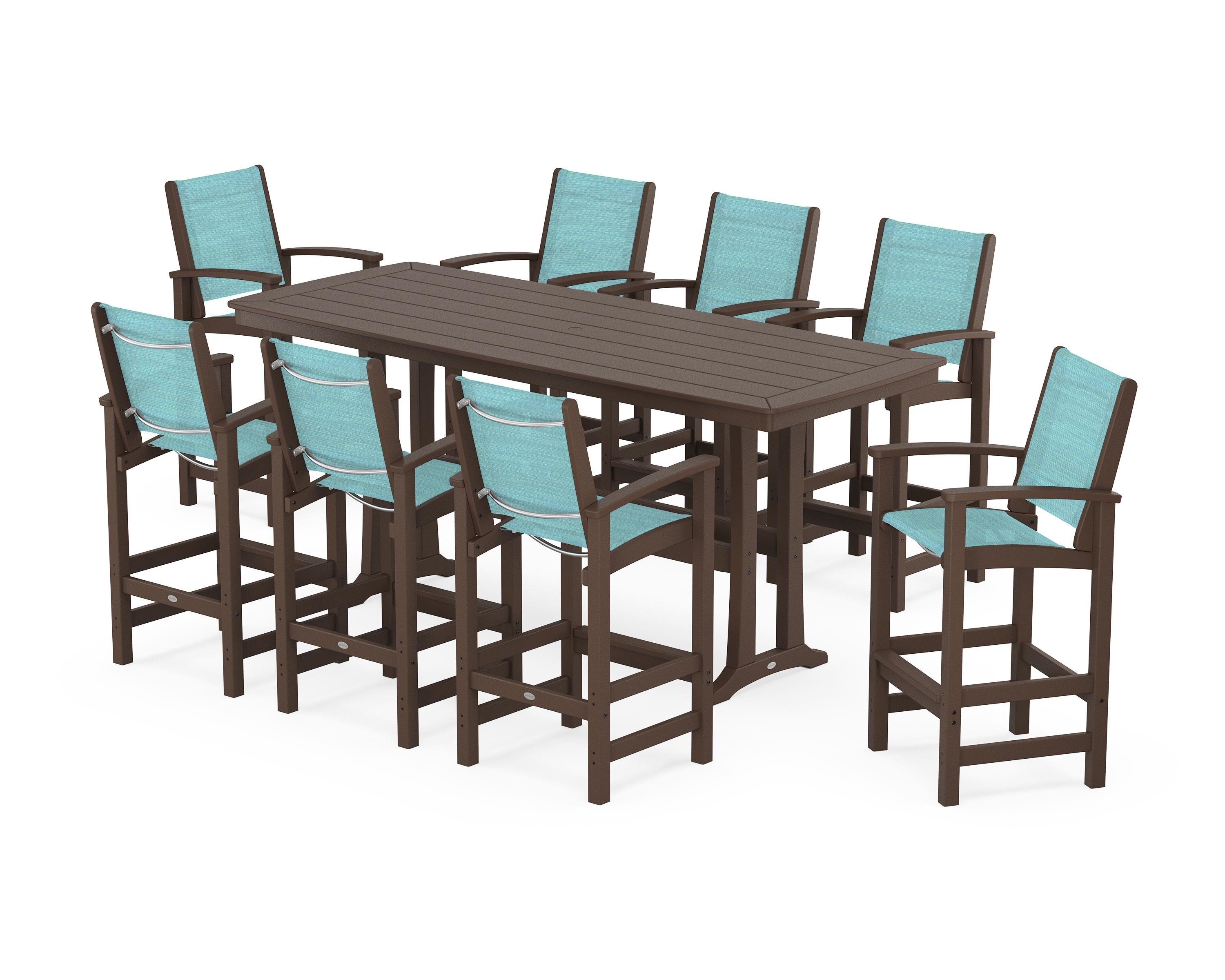 POLYWOOD® Coastal 9-Piece Bar Set with Trestle Legs in Mahogany / Dupioni Aquamarine Sling