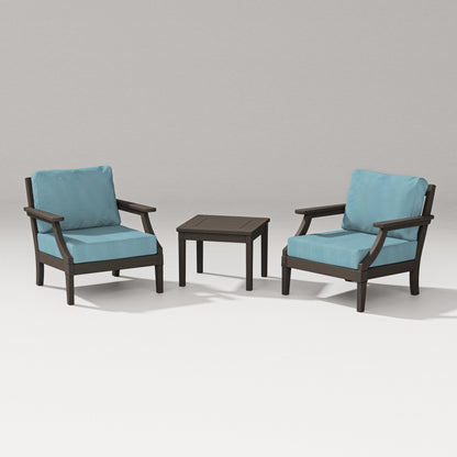 PW Designer Series Estate 3-Piece Lounge Chair Set in Vintage Coffee / Lattice Sky Blue