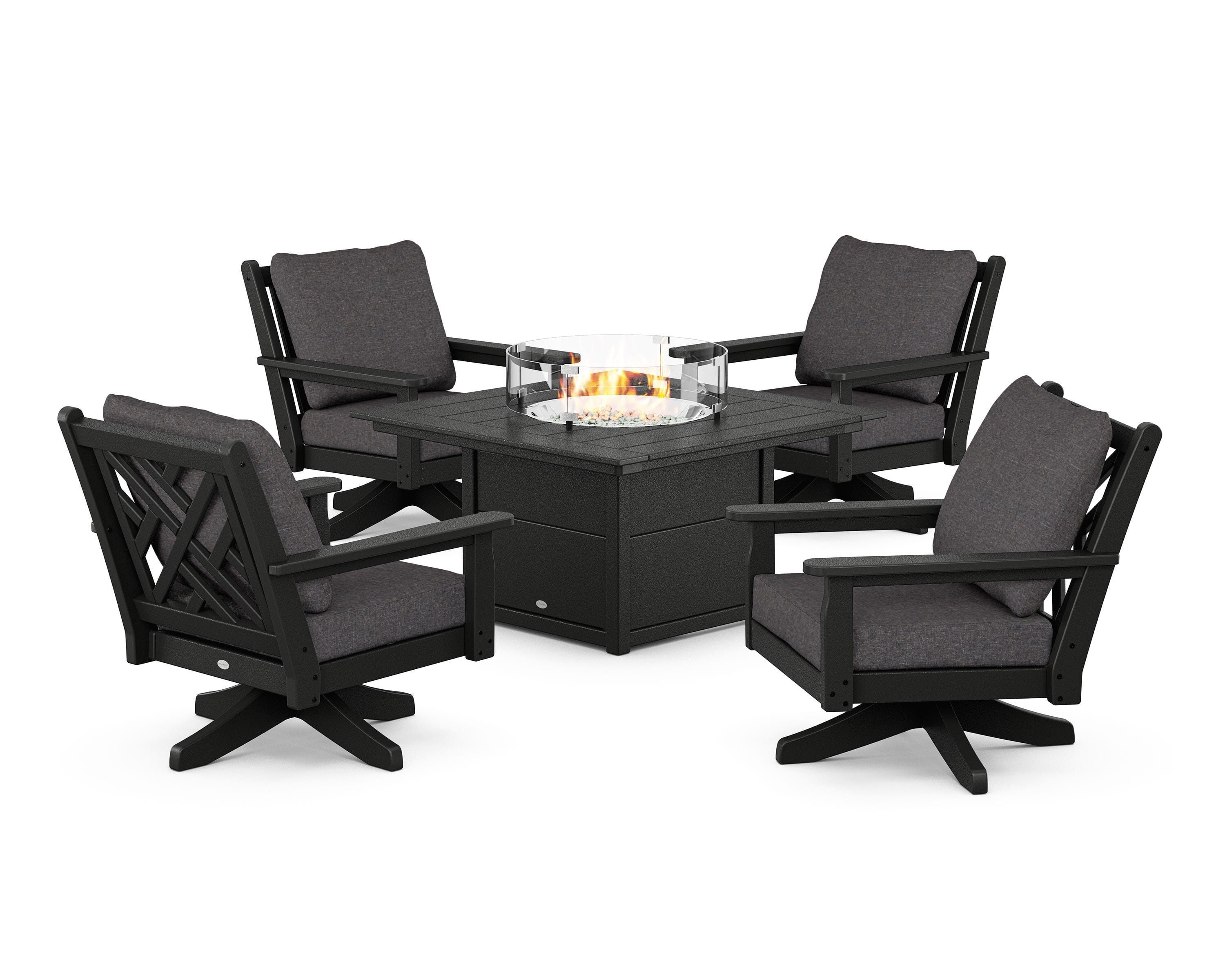 POLYWOOD® Chippendale 5-Piece Deep Seating Swivel Conversation Set with Fire Pit Table in Black / Ash Charcoal