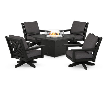 POLYWOOD® Chippendale 5-Piece Deep Seating Swivel Conversation Set with Fire Pit Table in Black / Ash Charcoal