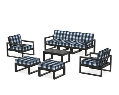 POLYWOOD® EDGE Sectional 8-Piece Lounge Sofa Set in Black / Buffalo Plaid Marine Indigo
