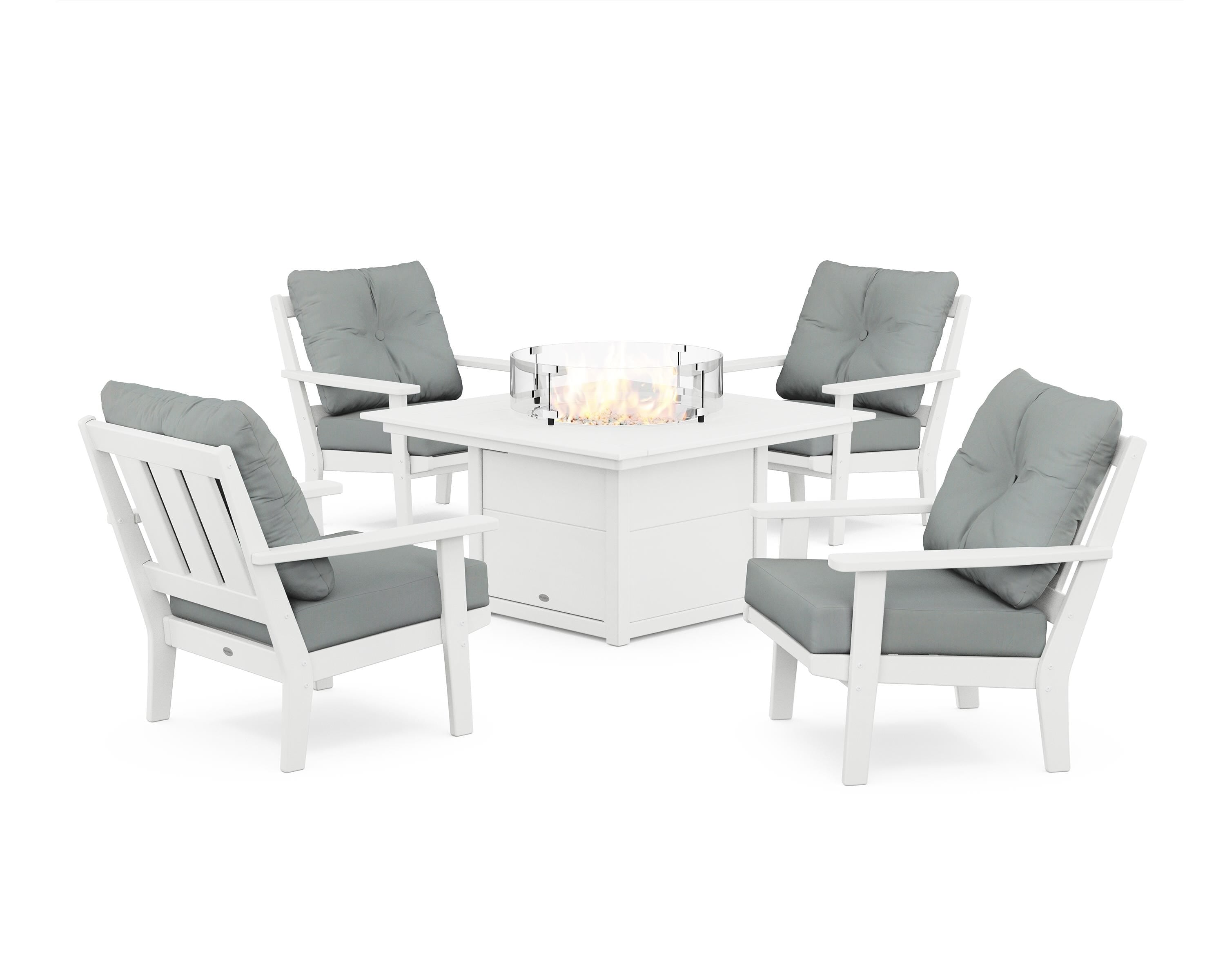 POLYWOOD® Oxford 5-Piece Deep Seating Set with Fire Pit Table in White / Spa