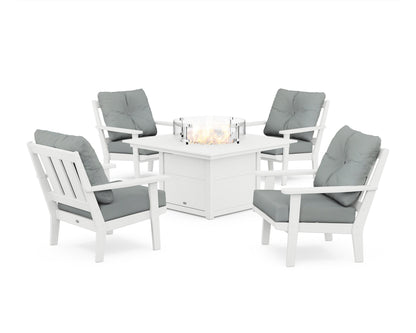 POLYWOOD® Oxford 5-Piece Deep Seating Set with Fire Pit Table in White / Spa