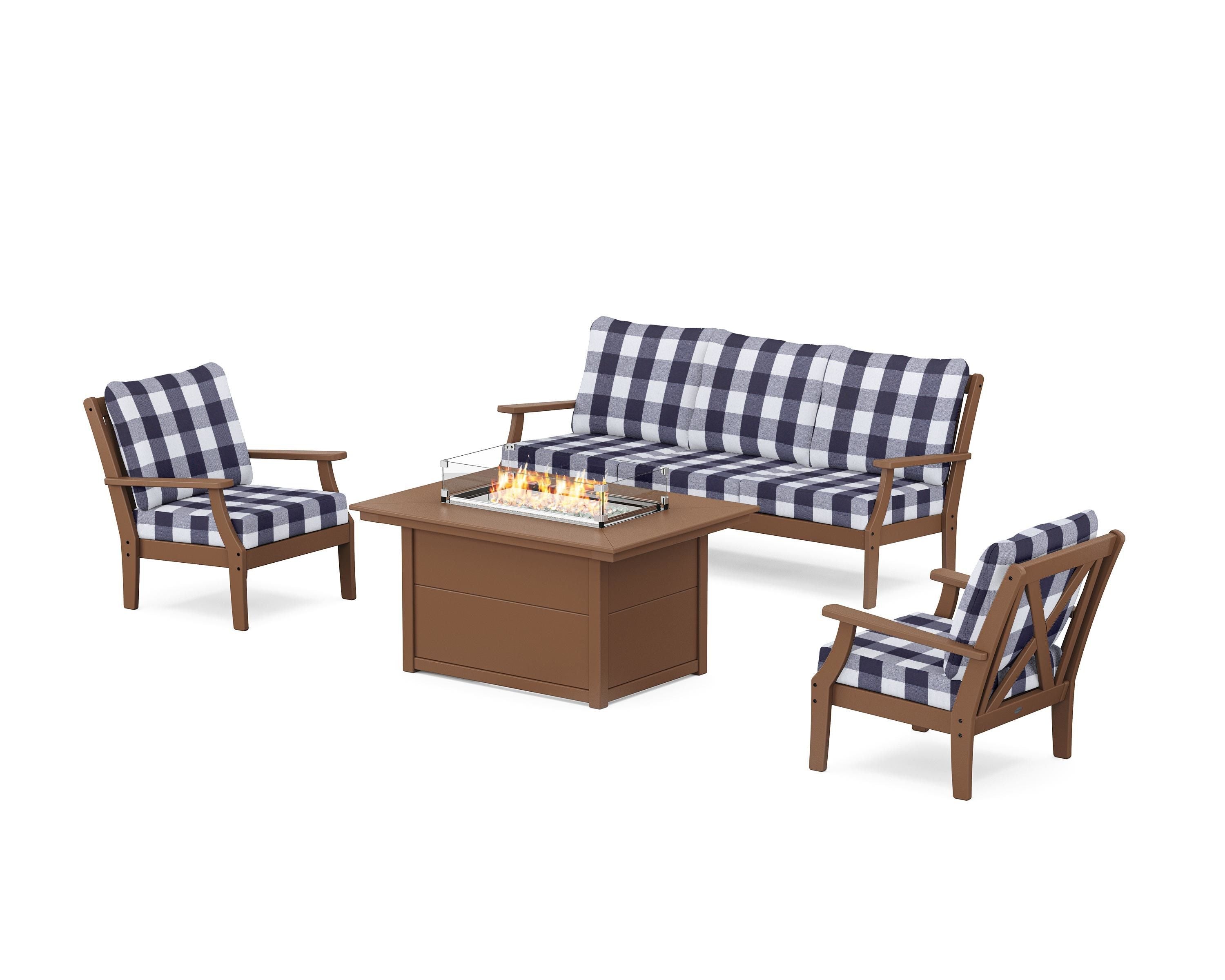 POLYWOOD® Braxton Deep Seating Fire Pit Table Set in Teak / Buffalo Plaid Navy