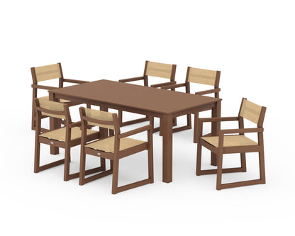 POLYWOOD® EDGE Sling Arm Chair 7-Piece Parsons Dining Set in Teak / Dupioni Apricot Sling