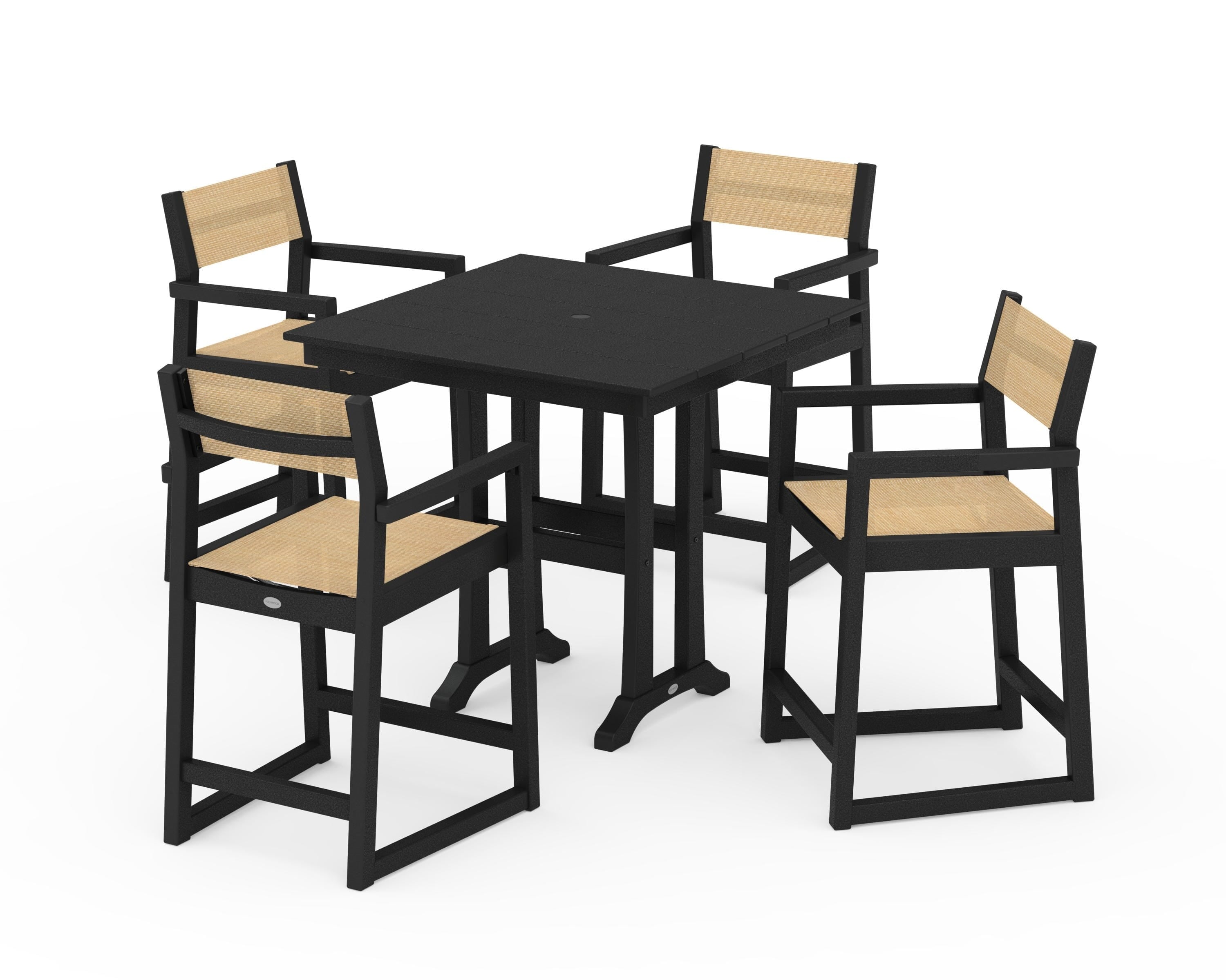 POLYWOOD® EDGE Sling Arm Chair 5-Piece Farmhouse Counter Set with Trestle Legs in Black / Dupioni Apricot Sling