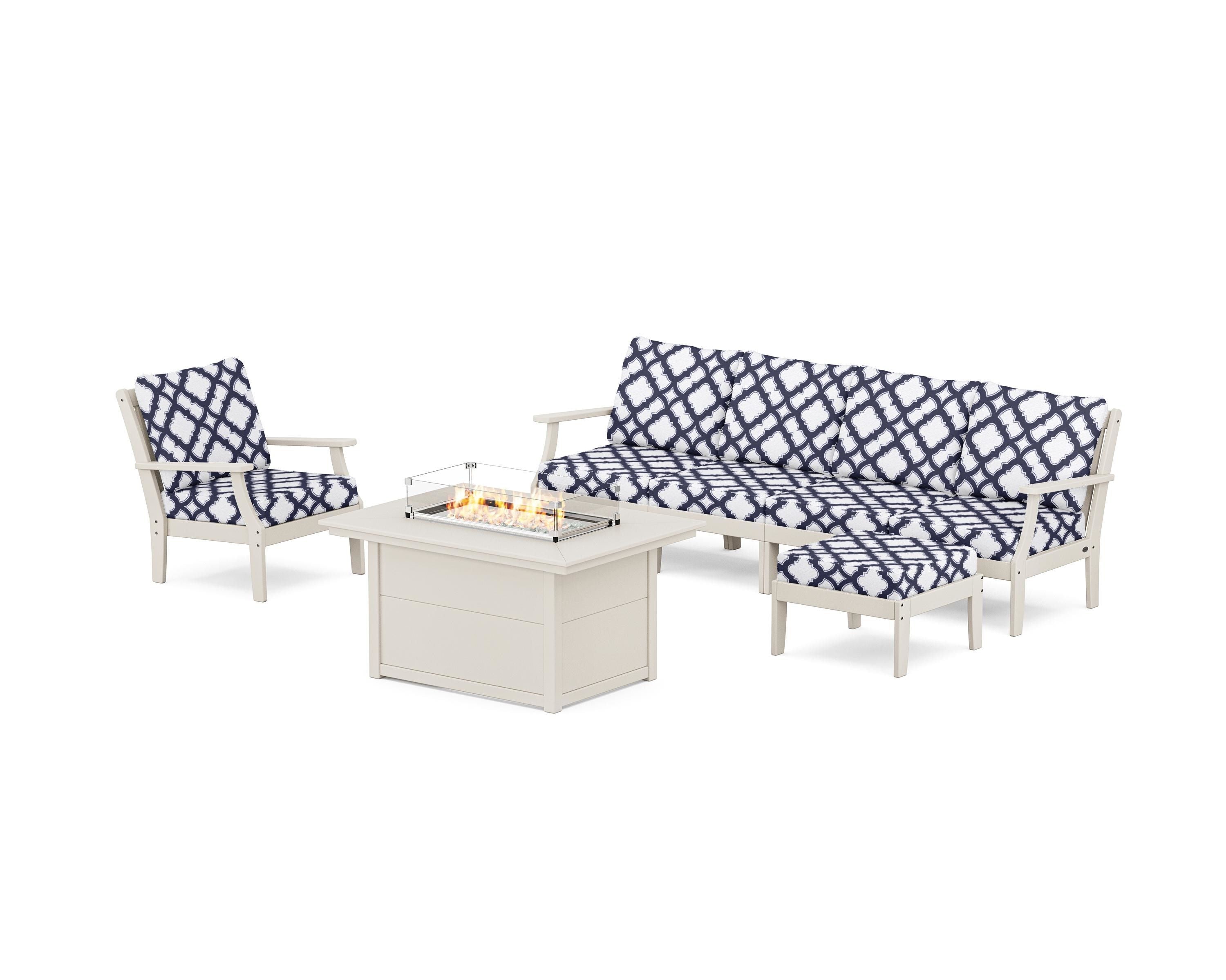 POLYWOOD® Braxton Sectional Lounge and Fire Pit Set in Sand / Trellis Navy